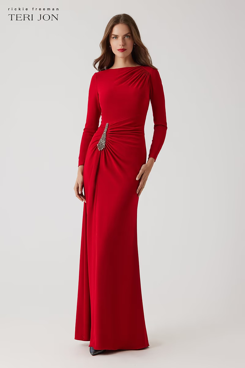 Crepe Ruched Jewel Applique Gown | TERI JON