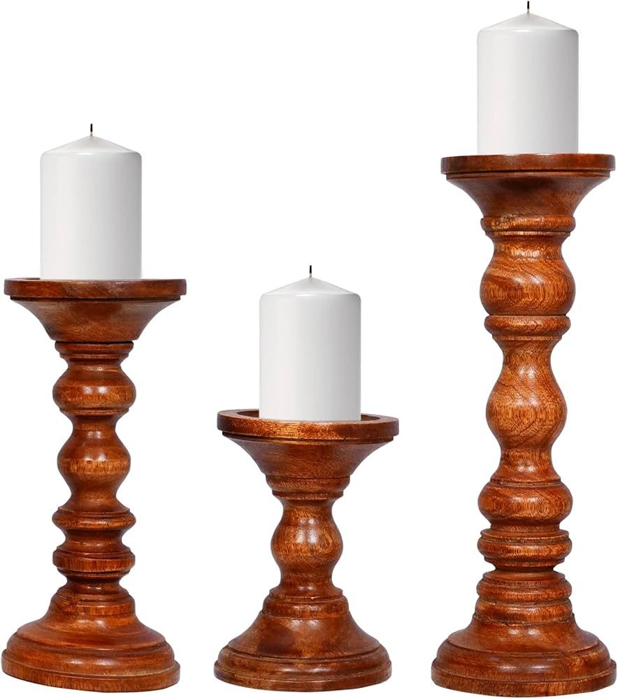 Mela Artisans Medium Polish Hand Carved Wooden Pillar Candle Holders - Set of 3 | Willow Decorati... | Amazon (US)