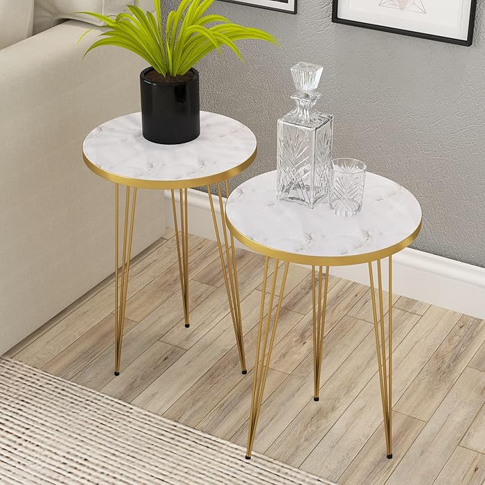 PAK HOME - Set of 2 End Table - High Gloss White Marble Look with Gold Metal Legs Round Wood Sofa... | Amazon (US)