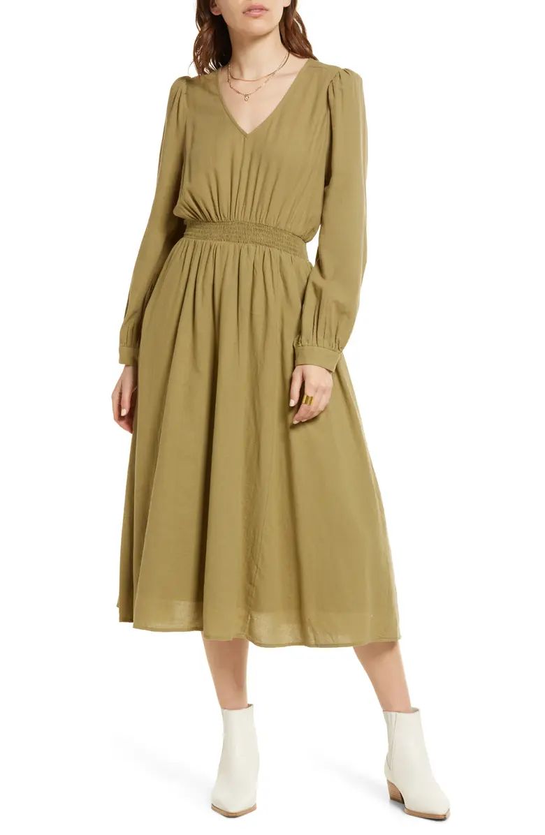 V-Neck Long Sleeve Smocked Midi Dress | Nordstrom