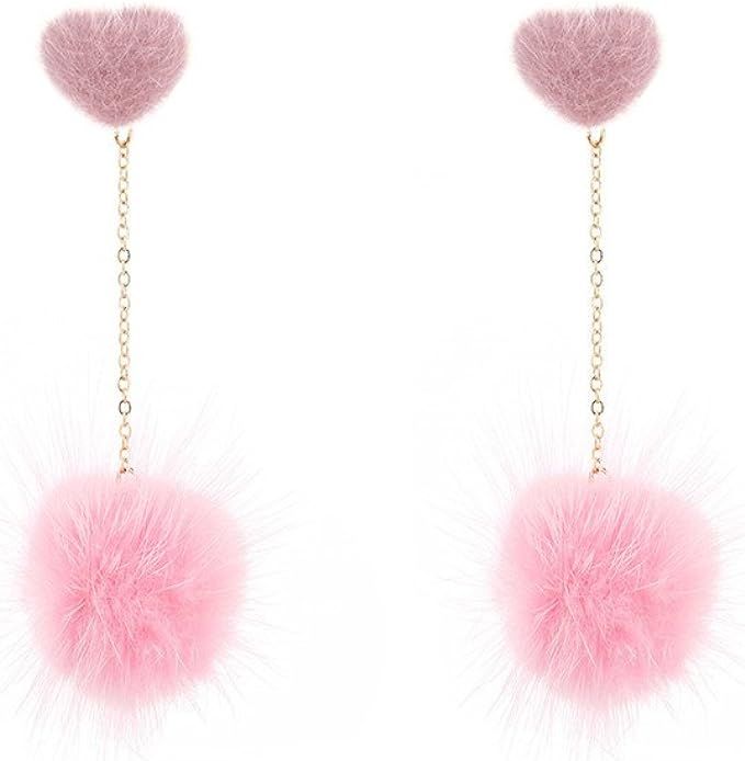 Fashion street pat Fur Pom pom Drop Earrings Dangling Earbob Jewelry For Women Girls (1030 Pink) | Amazon (US)