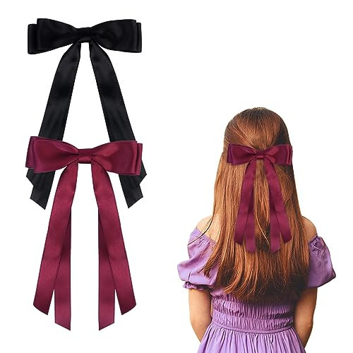 2 Pack Bow Hair Clips, Large Hair Bows for Girls and Women, Hair Barrette Hair Ribbon Bow Clips(Black, Wine Red) | Amazon (UK)