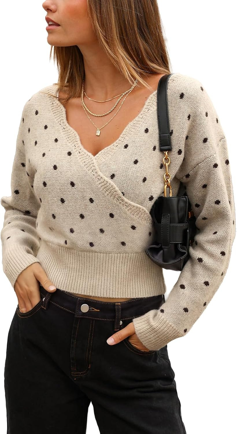 CUPSHE Womens Polka Dots Sweaters Wrap Knitted Pullover | Amazon (US)