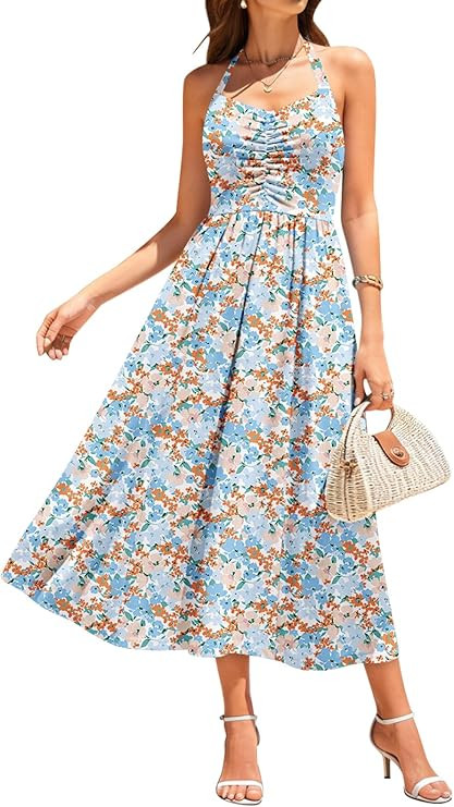 Women’s Sleeveless Halter Midi Dress with Pockets Ruched Casual Sundress for Beach Party and 20... | Amazon (US)