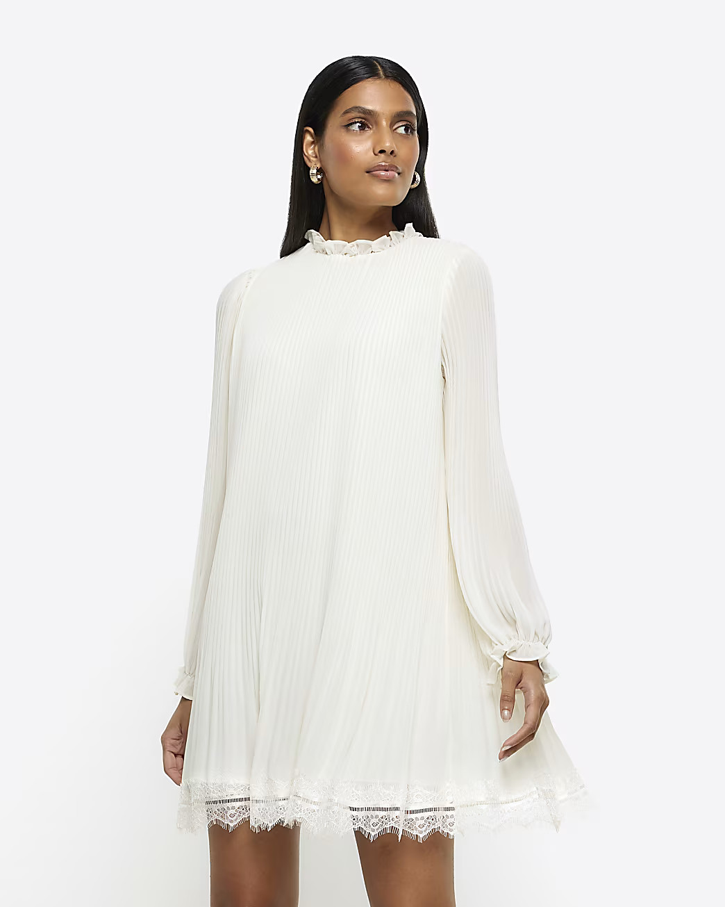 Cream pleated lace trim shift mini dress | River Island (UK & IE)