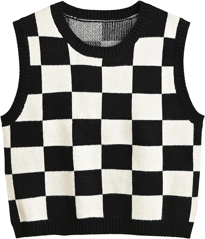 Argyle Sweater Vest Women Y2K Plaid Knitted Streetwear Preppy Style V Neck Crop Knitwear Tank Top... | Amazon (US)