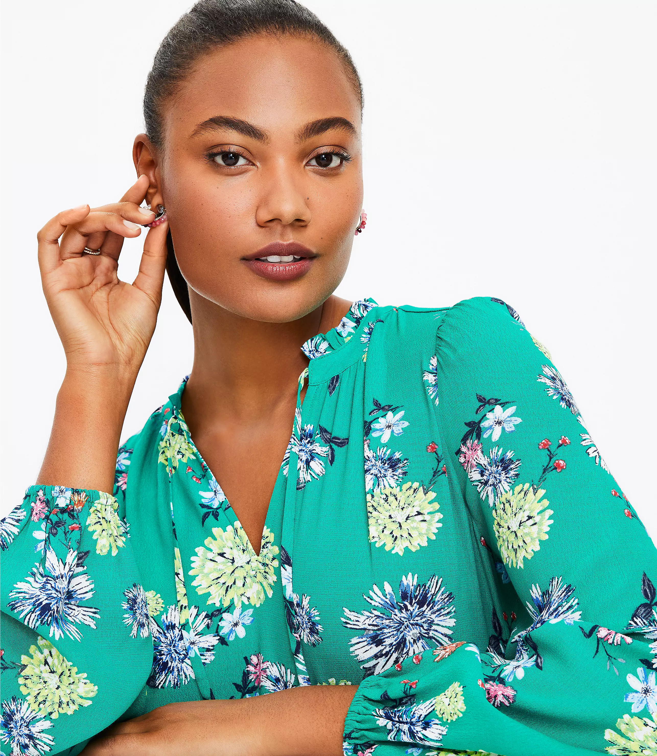 Bouquet Ruffle Tie Neck Blouse | LOFT