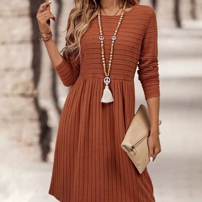 Women's Long Sleeve Ribbed Knit Midi Dress, Casual Crew Neck Flowy Swing A-line Dress for Fall | Target