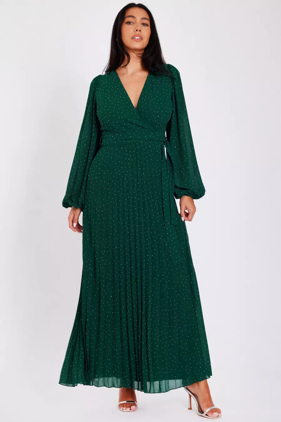 Home/Bottle Green Embellished Chiffon Maxi Dress | Quiz Clothing