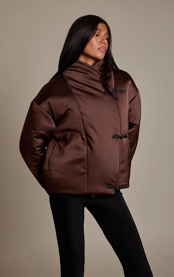 Chocolate Mandarin Style Faux Satin Button Fastening Puffer Jacket | PrettyLittleThing US