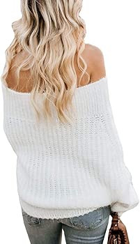 Womens Off The Shoulder Sweater Sexy V Neck Pullover Sweaters Oversized Chunky Knit Jumpers | Amazon (US)