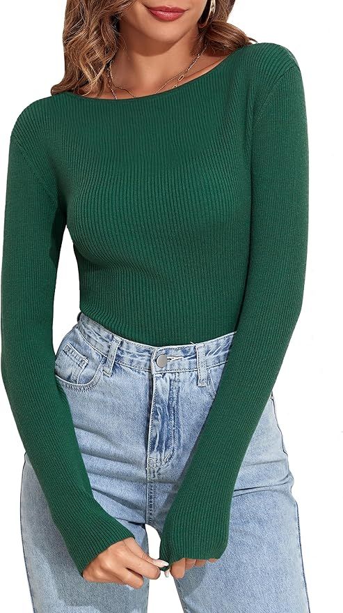 PrettyGuide Women's Long Sleeve Boat Neck Sweater Slim Fit Ribbed Knit Fall Pullover Tops | Amazon (US)