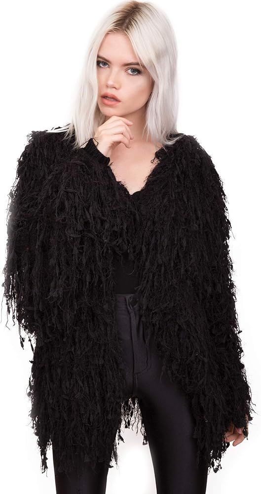 Womens Black Fringe Shaggy Faux Fur Open Jacket Cardigan | Amazon (US)