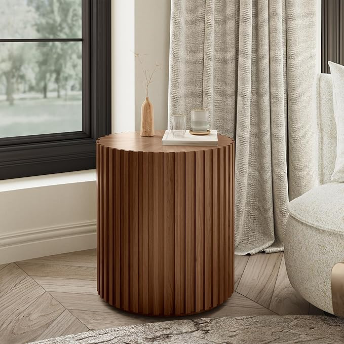 POVISON Round Coffee Side Table, Mid Century Wood End Table, Fluted Side Table for Living Room Be... | Amazon (US)