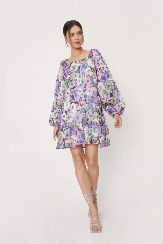 Floral Puff Sleeve Tie Back Mini Smock Dress | Nasty Gal (US)