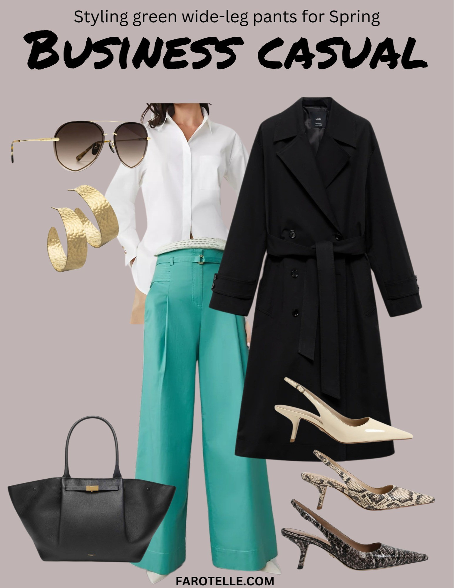 Wanna revive your office routine? Try colorful wide-leg pants 💚 Business casual style, trench coat, green pants, white button-down shirt, slingback heels, leather tote bags, office chic, workwear, working mom style, Ann Taylor, Mango, Sam Edelman, Demellier, Freja bags

#LTKFindsUnder100 #LTKStyleTip #LTKOver40