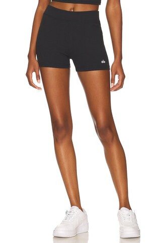 alo Goddess Ribbed High Waist Hot short in Black from Revolve.com | Revolve Clothing (Global)