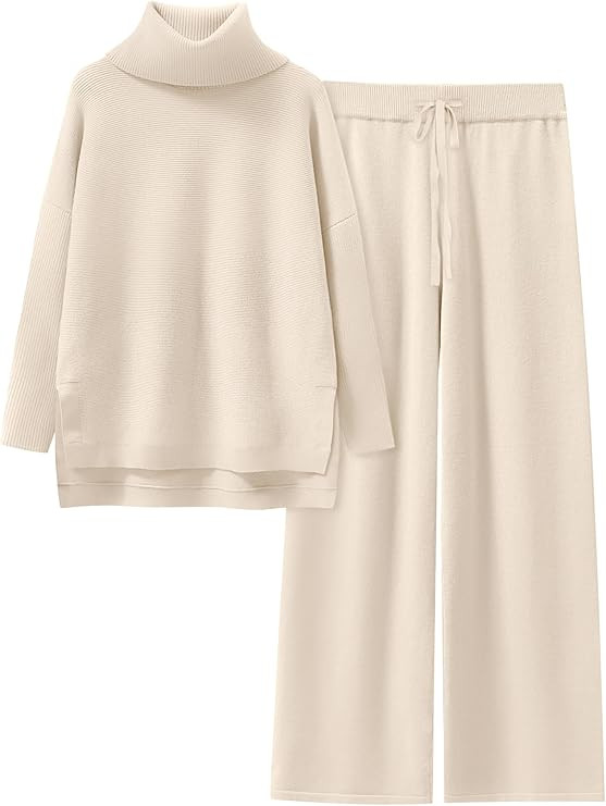 ANRABESS Women Two Piece Outfits Oversized Turtleneck Knit Pullover Sweater Top Wide Leg Pants Lo... | Amazon (US)