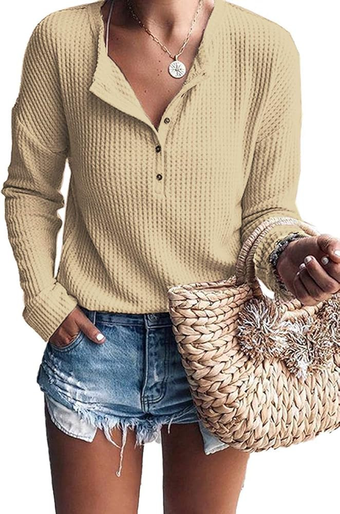 Glanzition Womens Waffle Knit Tunic Tops Loose Long Sleeve Button Up V Neck Henley Shirts | Amazon (US)