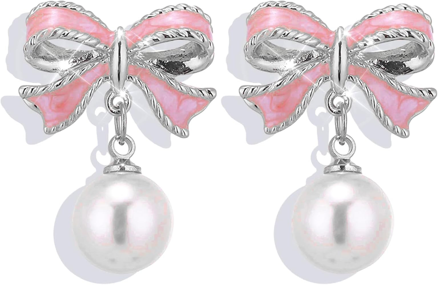 Twinkle Pearl Bow Dangle & 925 Silver Stud Earrings for Women & Girls | Pink and Gold Bow Ribbons... | Amazon (US)