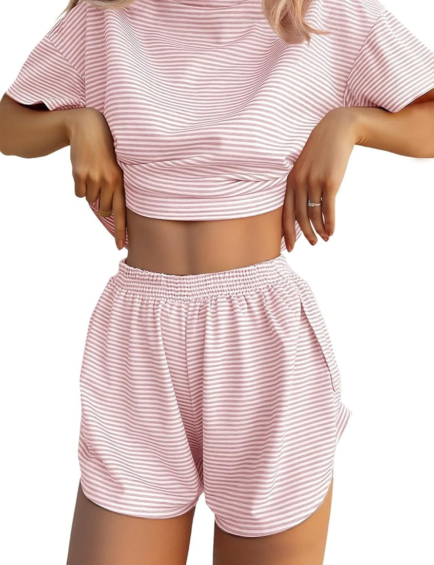 JUSTFASHIONNOW Womens Pajama Sets Shorts Striped Print Two Piece Lounge Sets Crew Neck Sleepwear ... | Amazon (US)