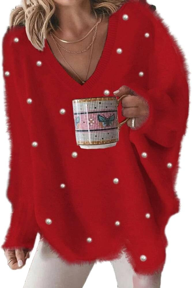 Chvity Long Sleeve Beaded Sweater for Women Fall Winter Fashion Loose Soft V Neck Casual Vacation... | Amazon (US)