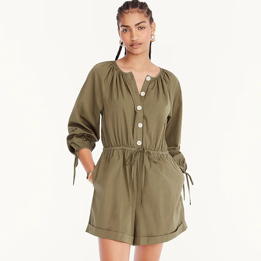 Cotton poplin tie-sleeve button-front romper | J. Crew US