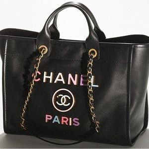 Chanel Deauville Tote Bag Large Shopping Black Calfskin with enamel logo | Poshmark