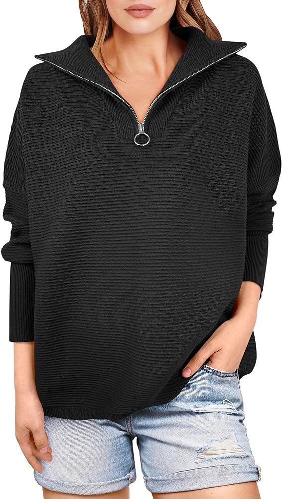 ANRABESS Women's Oversized Sweater Quarter Zip V Neck Collared Ribbed Knit Pullover Tunic 2023 Y2... | Amazon (US)