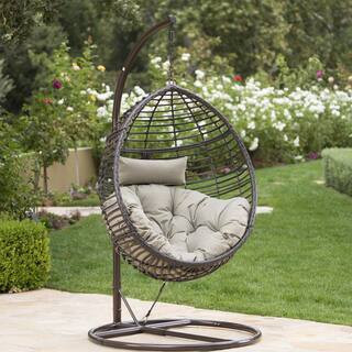 Polyethylene Wicker Brown Hanging Chair Outdoor Rocking Chair, No Stand Only Hanging Basket | The Home Depot