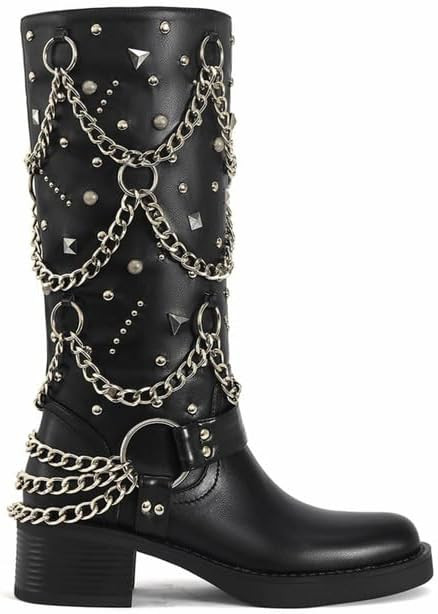 MissHeel Mid Calf Riding Boots for Women with Chains and Studs Fashion Harness Boots | Amazon (US)