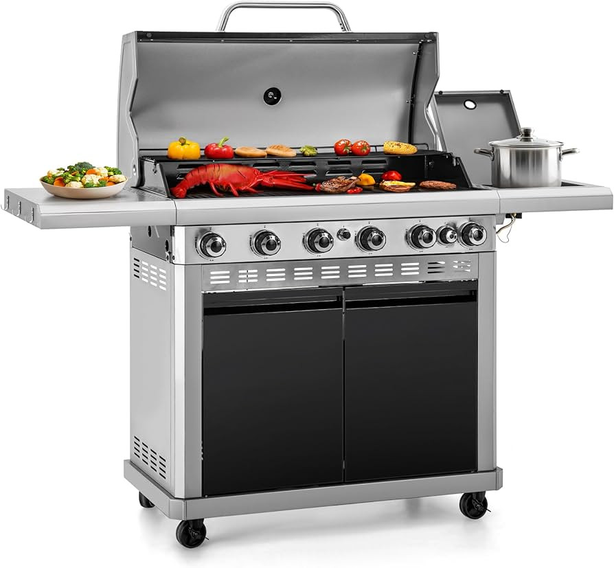 Captiva Designs 6-Burner Propane Gas BBQ Grill with Side Burner & Porcelain-Enameled Cast Iron Gr... | Amazon (US)