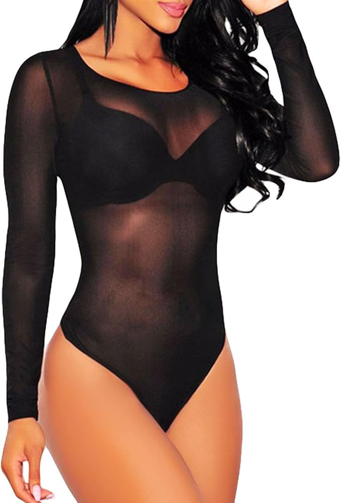Toocool - LC6581 Damen-Body, Unterjacke, transparent, Rundhalsausschnitt, langärmelig | Amazon (DE)