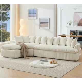 No Assembly Required 127 in. L-Shape Corduroy Sectional Sofa in Beige with High-Resilience Foam, 10 Back Cushions | The Home Depot
