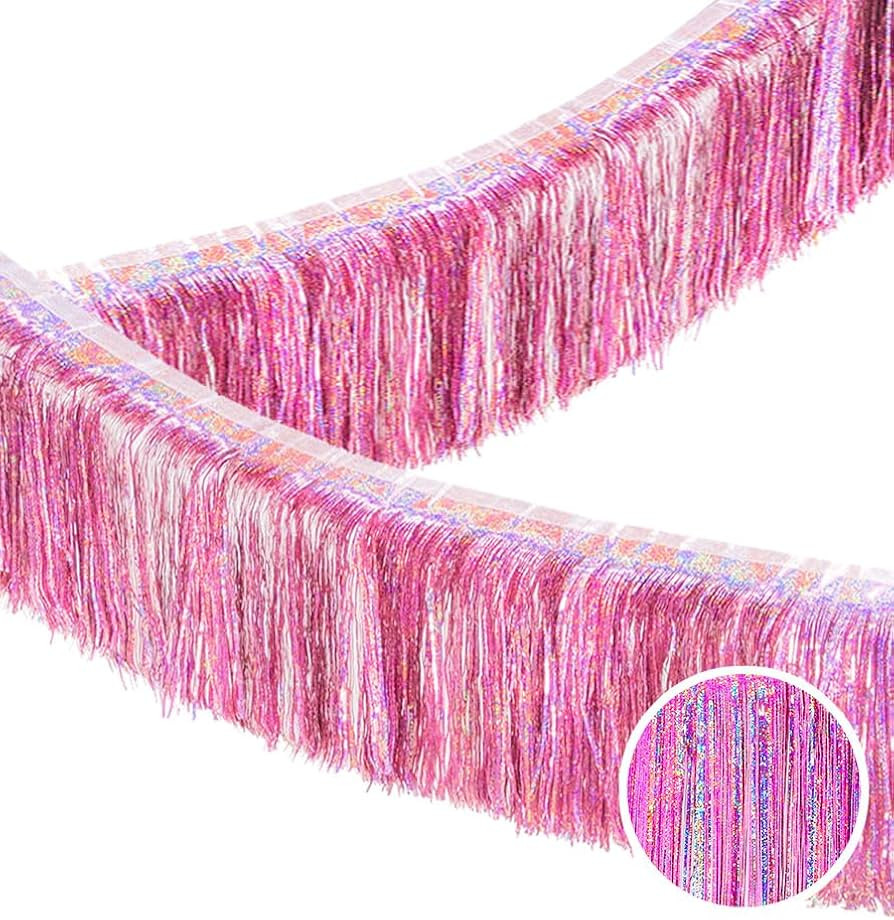 Glitter Pink Fringe Garland -4 Layers Thick, 2 Pack Metallic Tinsel Tassel Banner, Iridescent Par... | Amazon (US)