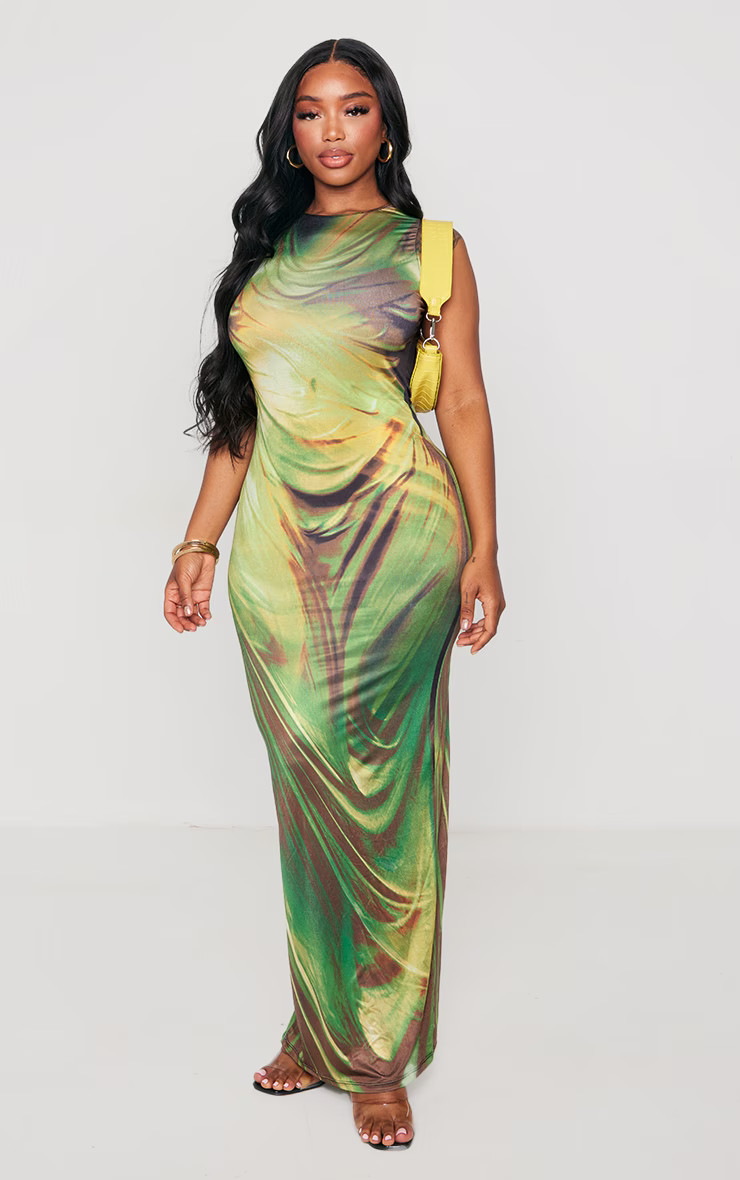 Shape Green Drape Statue Printed Racer Maxi Dress | PrettyLittleThing US