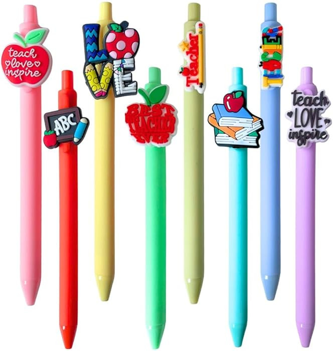8PC Teacher Charm Pens Cute Cool Fun Black Gel Ink Writing Pen Teach Love Inspire Office Supplies... | Amazon (US)