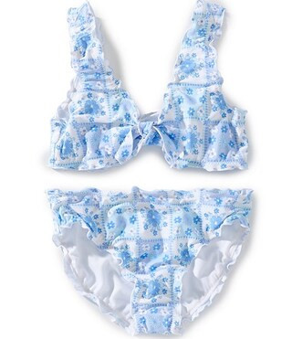 Big Girls Allover Design Pattern Tie Front Bikini Top & Matching Hipster Two-Piece Swimwear | Dillard's