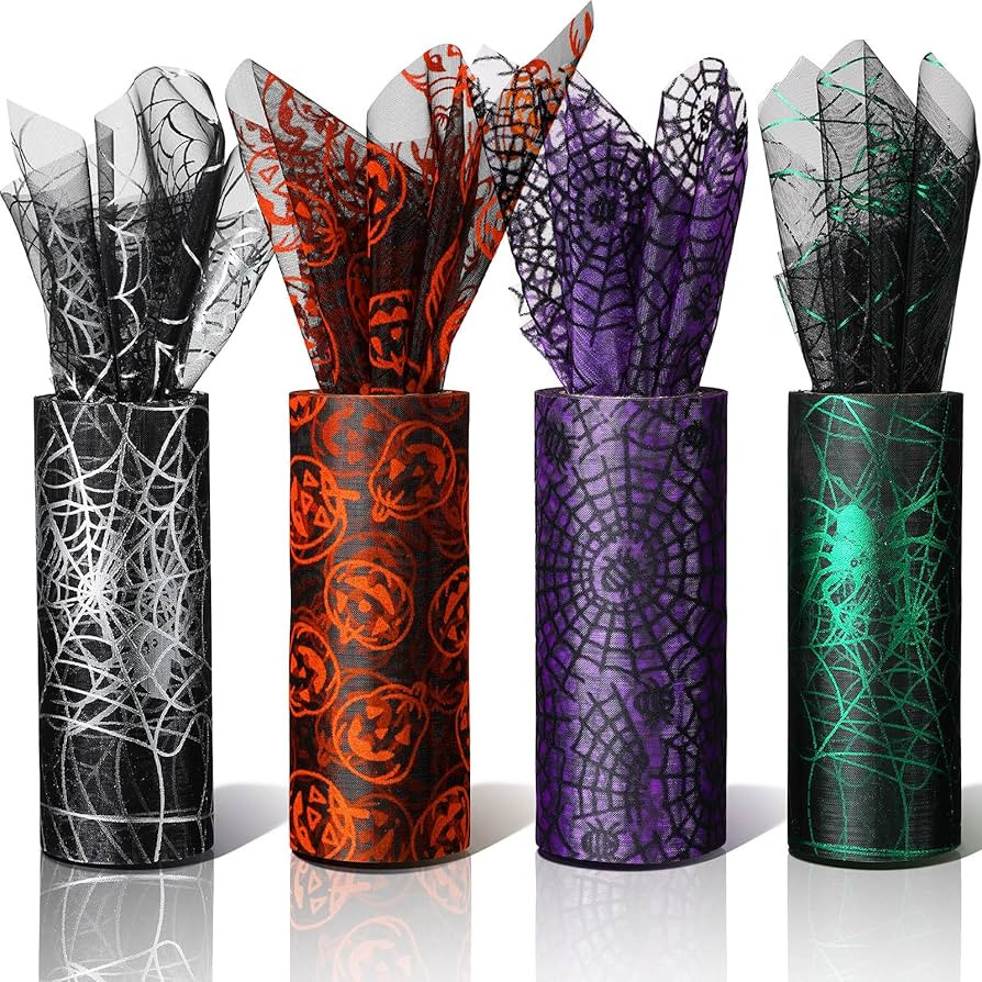 4 Rolls Halloween Glitter Tulle Roll Glitter Tulle Netting Roll Tulle Fabric Roll Orange Shimmer ... | Amazon (US)