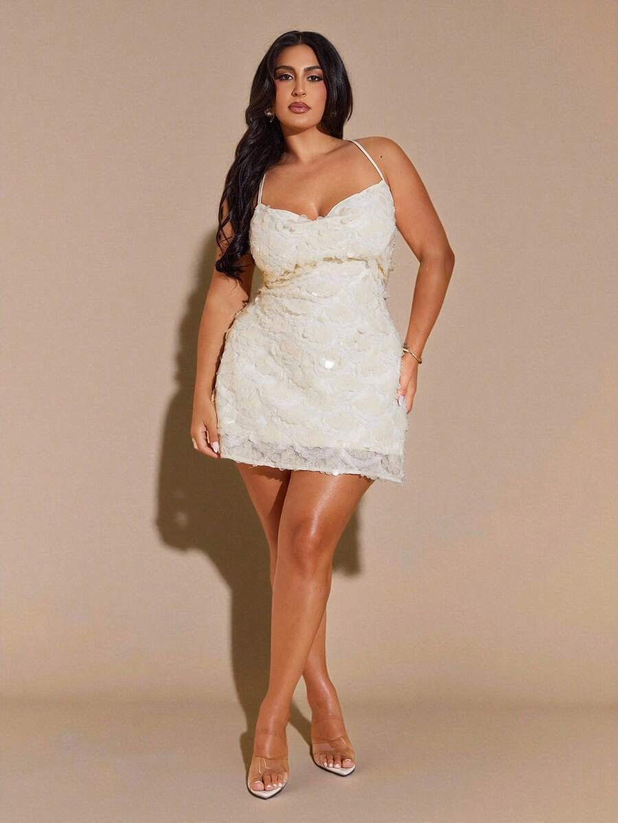SHEIN BAE Plus Size Women's White Sequin Halter Backless Dress, & Elegant Sparkly Party Dress,Sum... | SHEIN