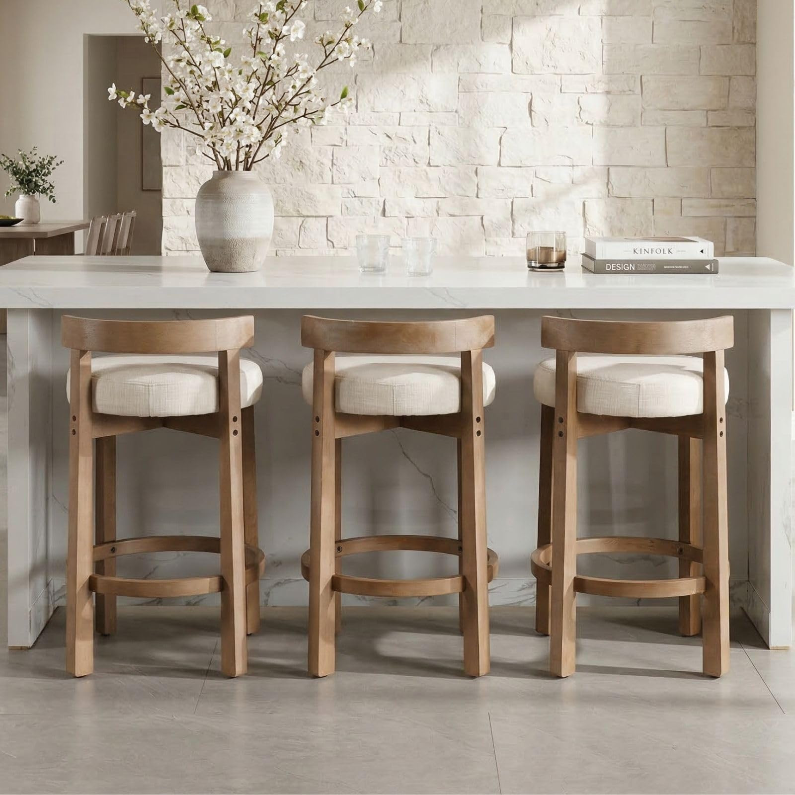 LukeAlon Mid Century Linen Counter Stools Set of 3, Upholstered 26.5" Seat Height Low Barstools w... | Amazon (US)