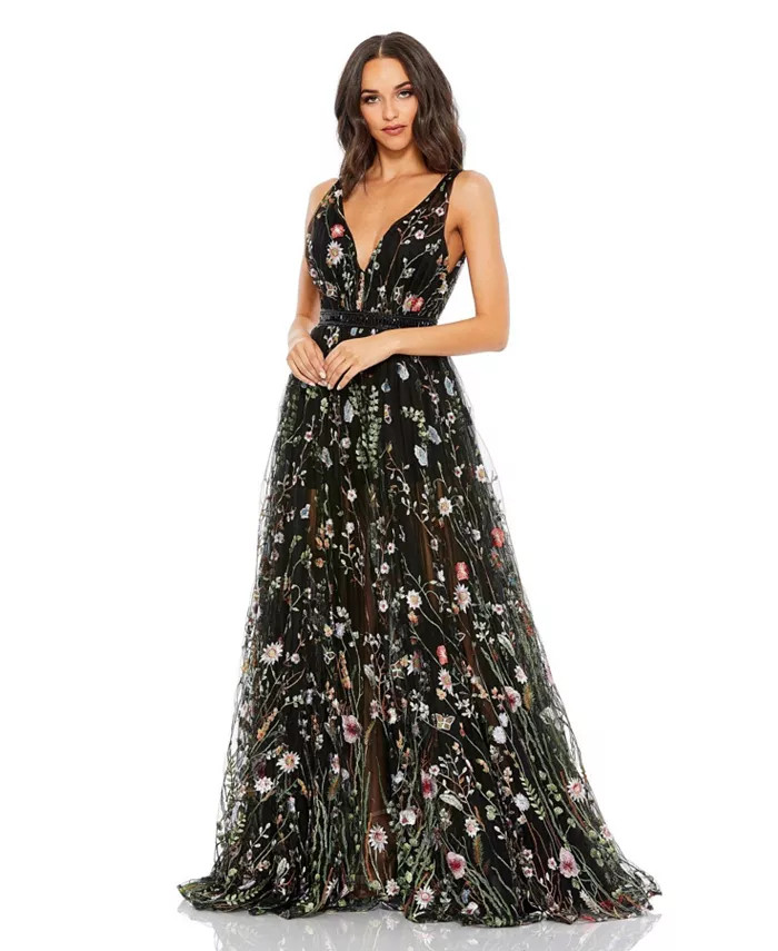 Women's Floral Embroidered Sleeveless A Line Gown | Macy's