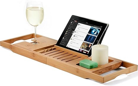 Premium Bamboo Bathtub Tray Caddy - Wood Bath Tray Expandable with Book and Wine Holder - Gift Id... | Amazon (US)
