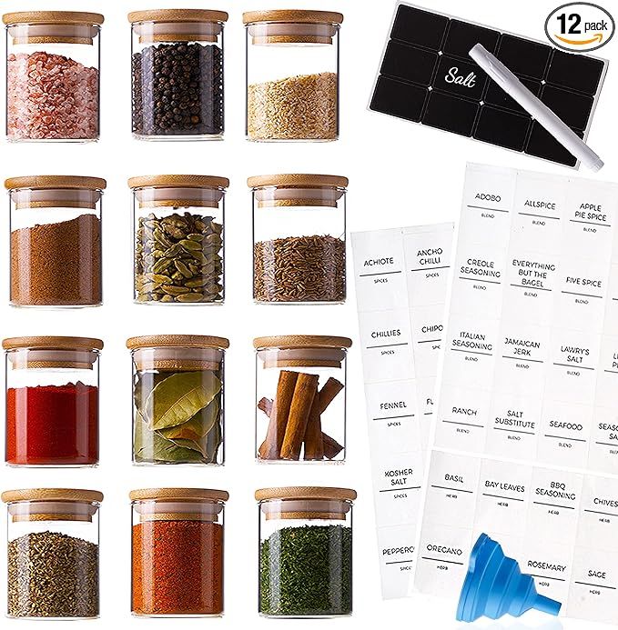 Stylvio 12 Pcs 4oz Glass Spice Jars with Airtight Natural Bamboo Lids Set, 12 Seasoning Jars with... | Amazon (US)