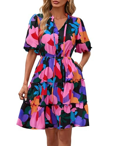 BTFBM Women Summer Floral Short Dresses V Neck Short Sleeve Tiered Ruffle Boho Swing Dress A-Line Mini Dresses(Floral Black,Small) | Amazon (US)