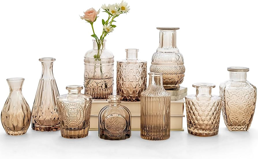 Amber Glass Bud Vase Set of 10 - Small Vases for Flowers, in Bulk, Cute Centerpieces, Mini Vintag... | Amazon (US)