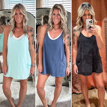 Hot shot mini dress - save vs splurge. Wearing a large in all of them
Mint - has adjustable straps and is the longest in length
Blue - shorter in length but a little softer in material
Black - “spurge” obvi the best material, about the same length as the blue, medium may be better but would be shorter on me 

#LTKstyletip #LTKsalealert