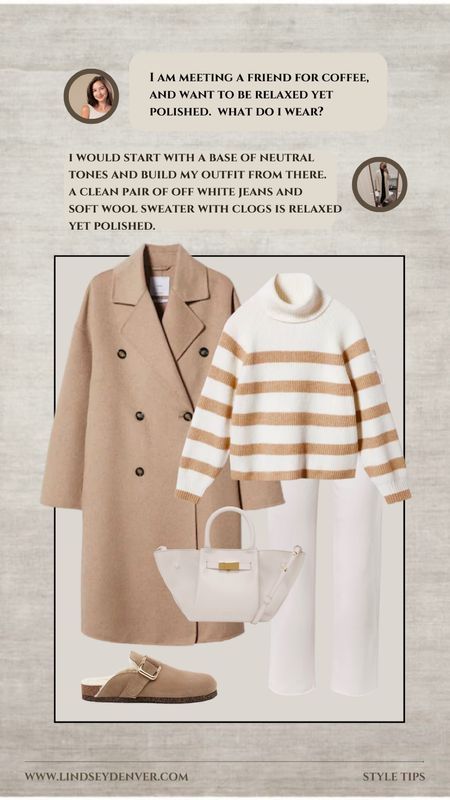 What to wear to a coffee date with an old friend.

Start with neutral base such as beige, white, black or navy
Add texture, such as a suede or corduroy jacket
Accessorize with a scarf or statement jewelry
Incorporate a pop of color with a handbag or shoes
Choose comfortable and casual footwear, such as sneakers or loafers
Experiment with layering, such as a sweater or denim shirt
Finish the look with natural makeup and minimal accessories
Consider adding a hat or sunglasses for a stylish touch
Play with proportions, such as tucking in a blouse or rolling up sleeves
Have fun and be confident!




"Helping You Feel Chic, Comfortable and Confident." -Lindsey Denver 🏔️ 

Minimalist fashion, simple clothing, mid-sized, minimal style, elegant, timeless, sophisticated," comfortable, stylish


#LTKunder100 #LTKFind #LTKstyletip
