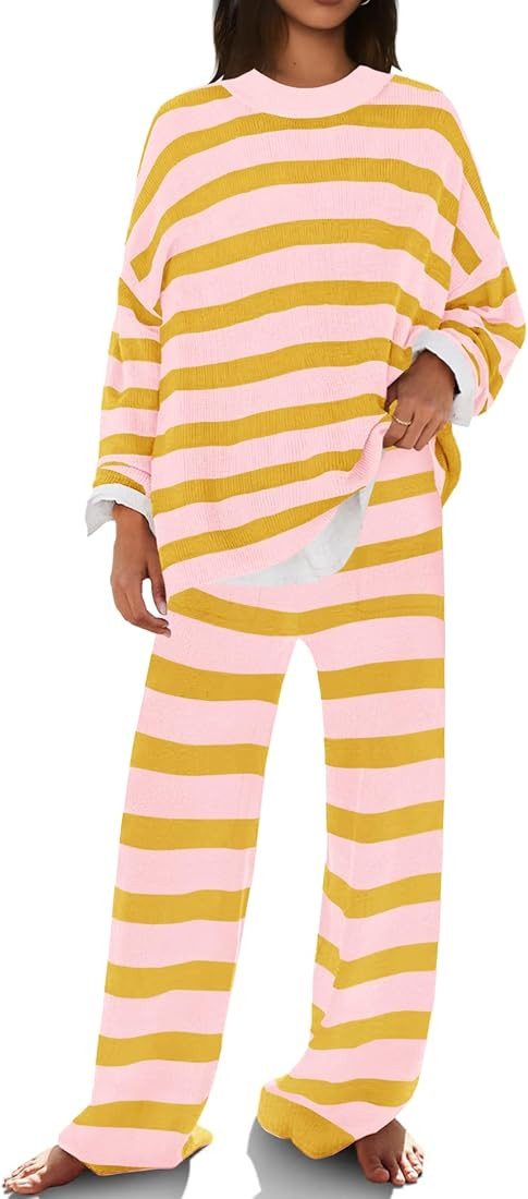 SENSERISE Womens Lounge Sets Oversized Sweater Set Striped Long Sleeve Tops and Pants Pajamas wit... | Amazon (US)