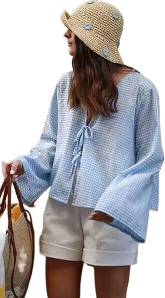 Tie Front Top Coquette Bow Linen Shirt Going Out Summe White Y2k Long Sleeve Blouse | Amazon (US)